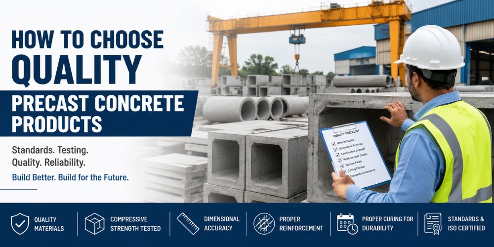 Engineer inspecting precast concrete products at a manufacturing facility with quality checklist, highlighting compressive strength testing, dimensional accuracy, curing standards, reinforcement quality, and ISO-certified precast concrete manufacturing pr